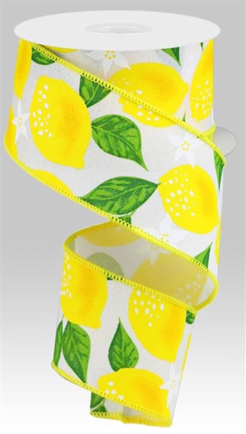 Lemon Wired Ribbon: Yellow/Green/White, 2.5" x 10 Yard